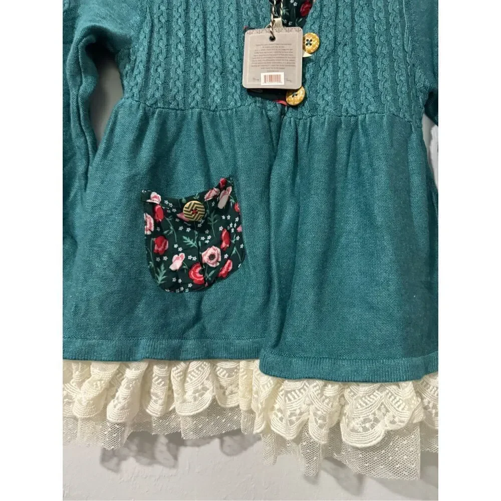 Matilda Jane NWT teal knit lace trim sweater floral patch pocket cute button fro